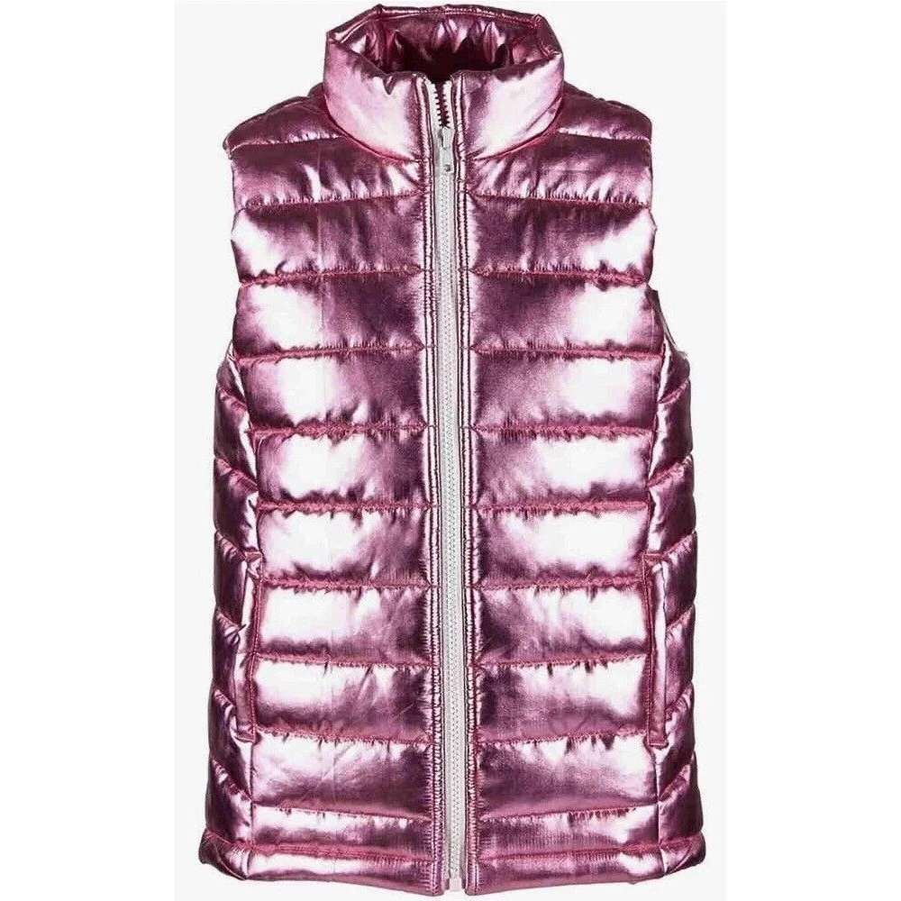 Girls kids  Shiny Metallic Pink Puffer Jacket Vest Size Large Pockets‎
